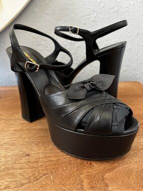 Saint Laurent Black Leather Platform Slingback Sandals with Bow Women 10.5